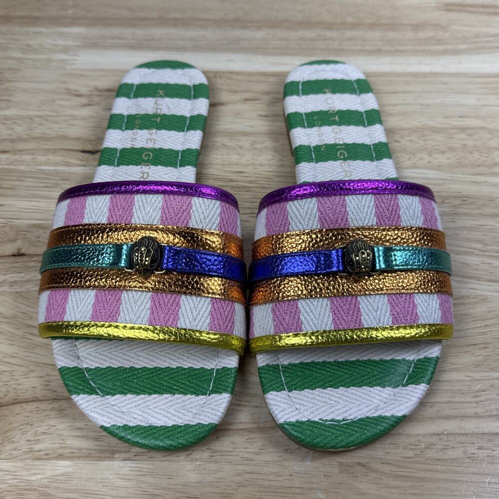 Kurt Geiger London Women's Southbank Fabric Stripe Flat Sandals Green Comb Sz 6